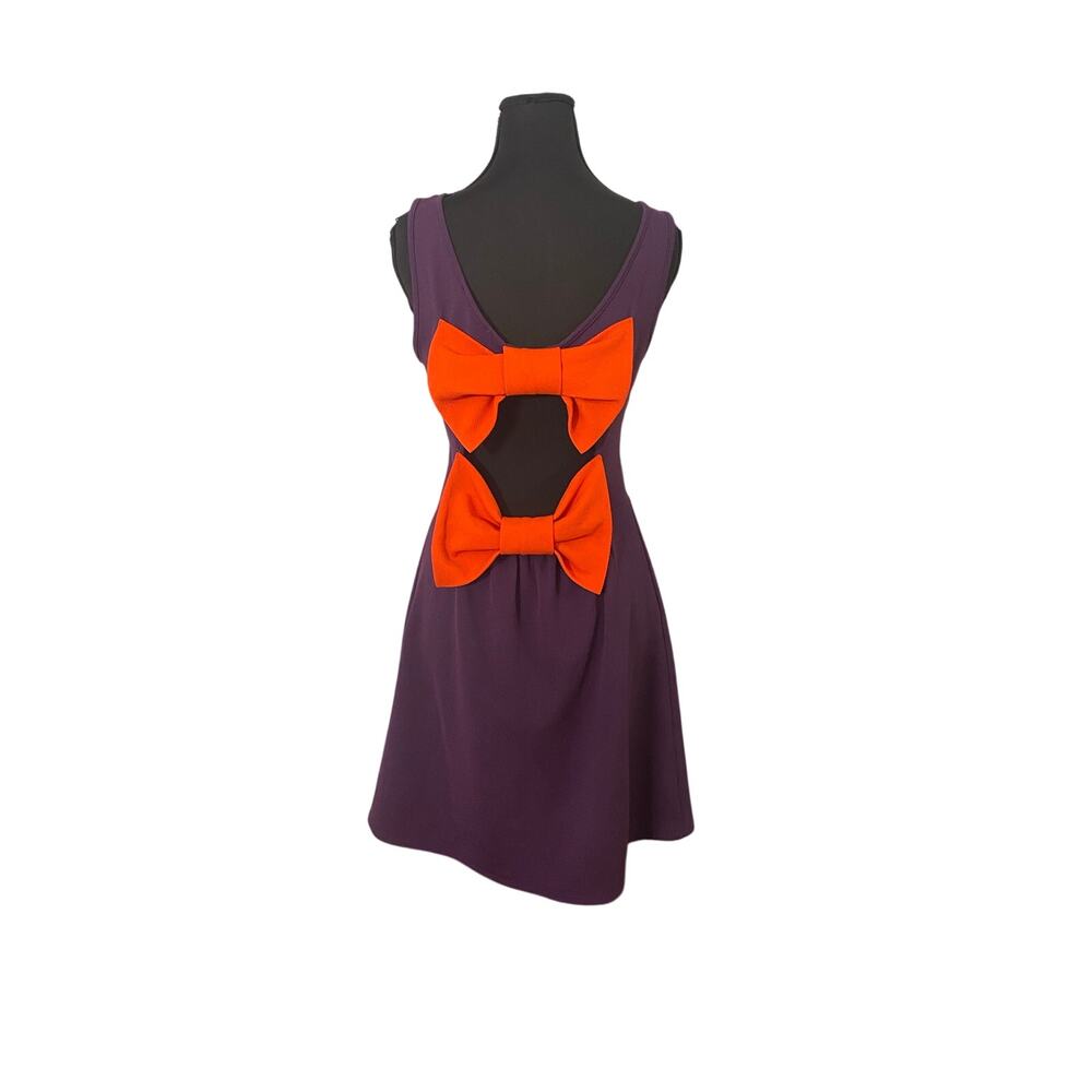 Clolorblock Mod Purple Orange Bow Cutout Mini Skater Dress Med USA 60s Retro Fun